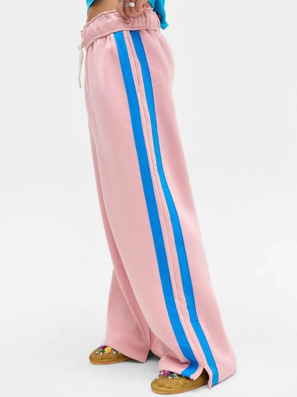 Urban Outfitters Pink Wide Leg Sweatpants with Blue Side Stripe